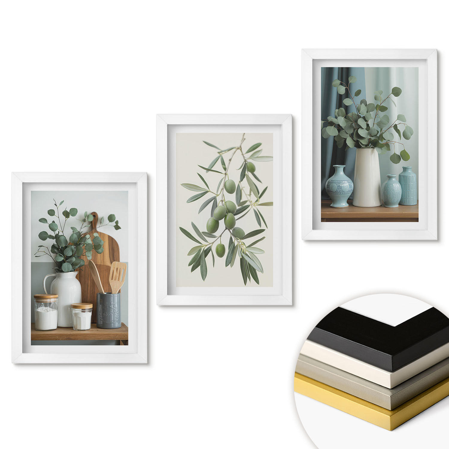 WANDBILDER 3er-Set - 20x30 cm Weißer Rahmen - Grüne Oliven, Eukalyptus - Weiß, Kunststoff (20/30cm) - ArtPrintCave
