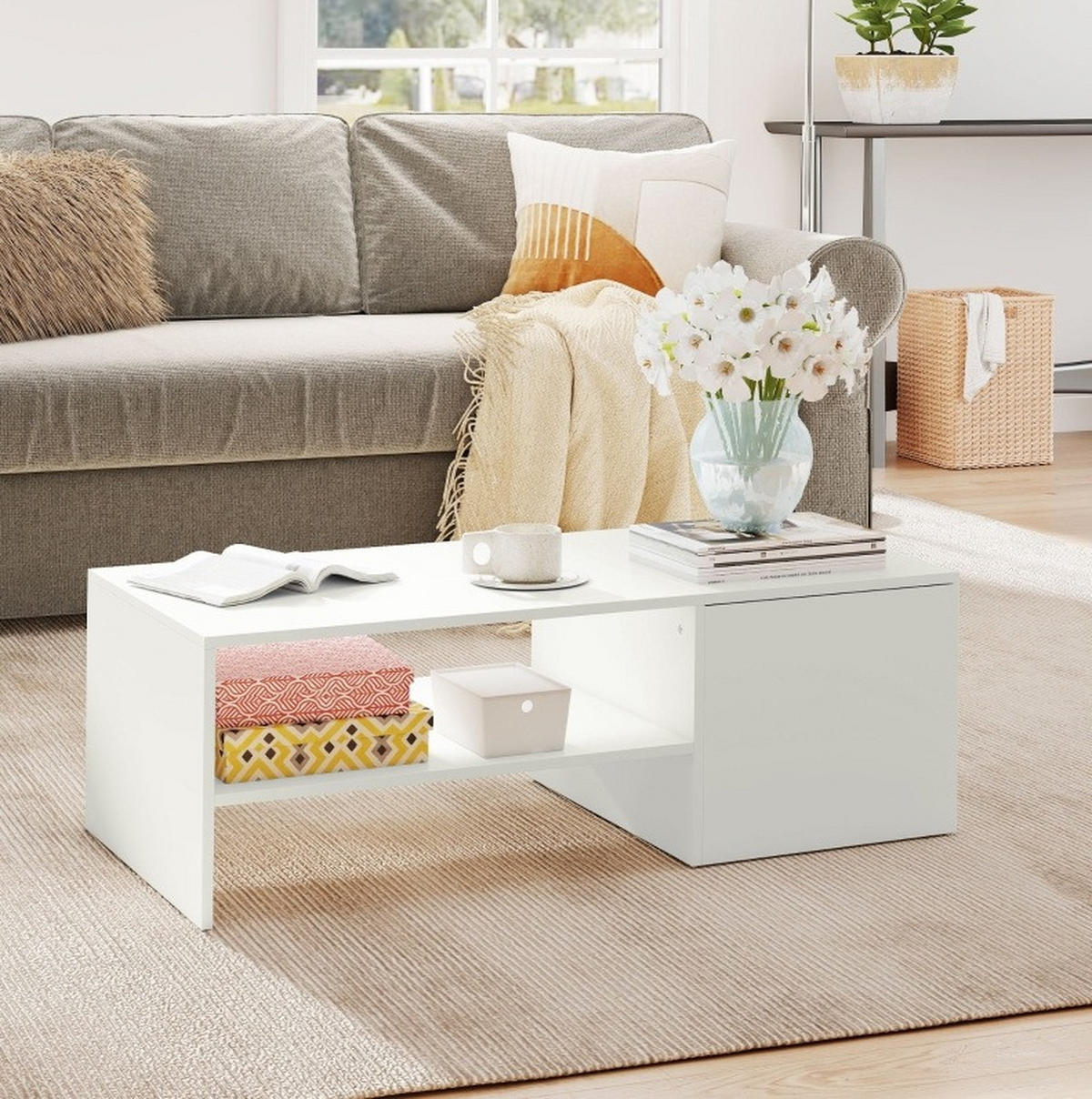COUCHTISCH aus Spanplatte 110x52x36 cm Weiß mit verschiebbarer Tischplatte und Stauraum - Weiß, Holzwerkstoff (110/52/36cm) - IVMEU
