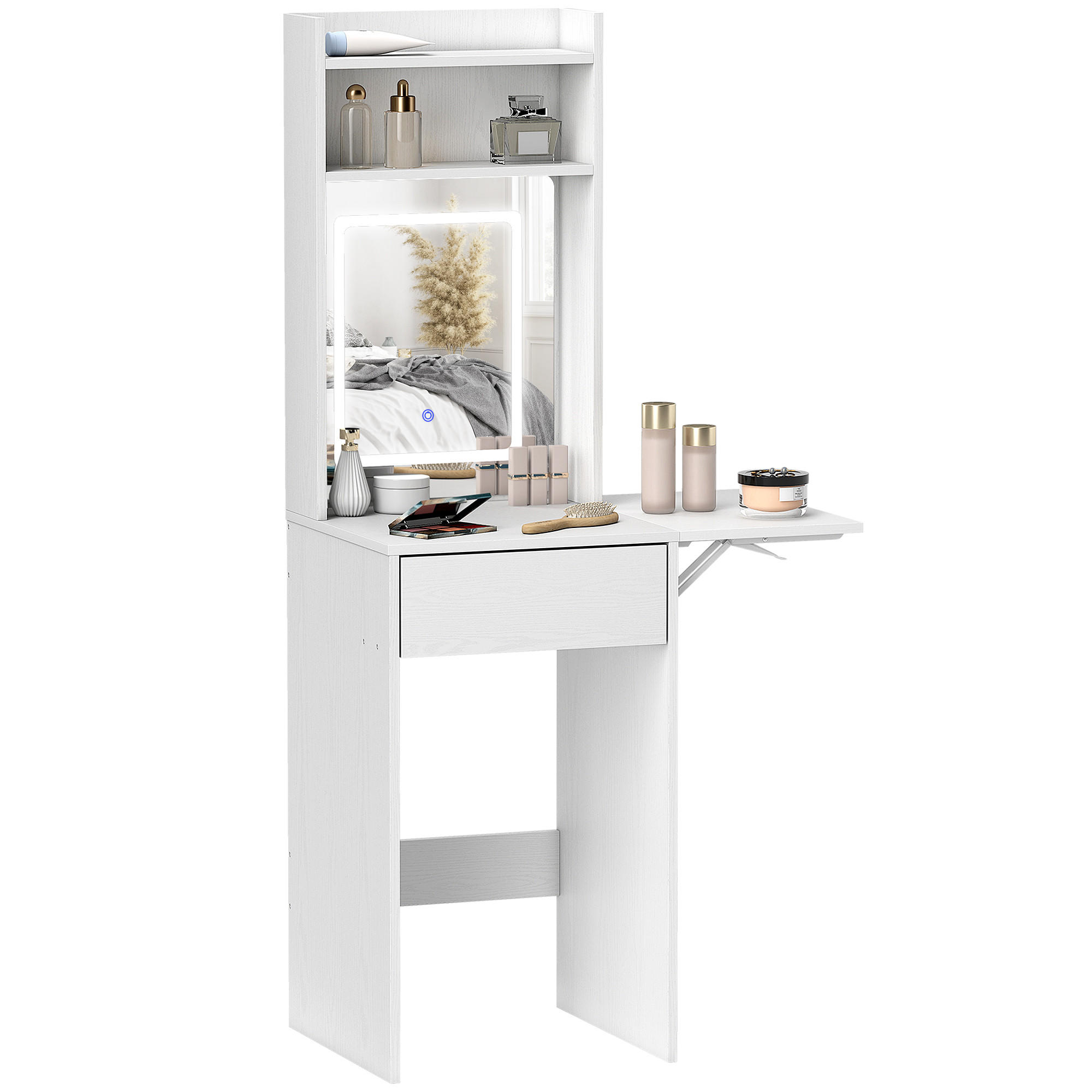SCHMINKTISCH DE-10669 klappbar mit LED-Spiegel & Schublade Weiß - Weiß, Holzwerkstoff (45/152/45cm) - ComfortXL