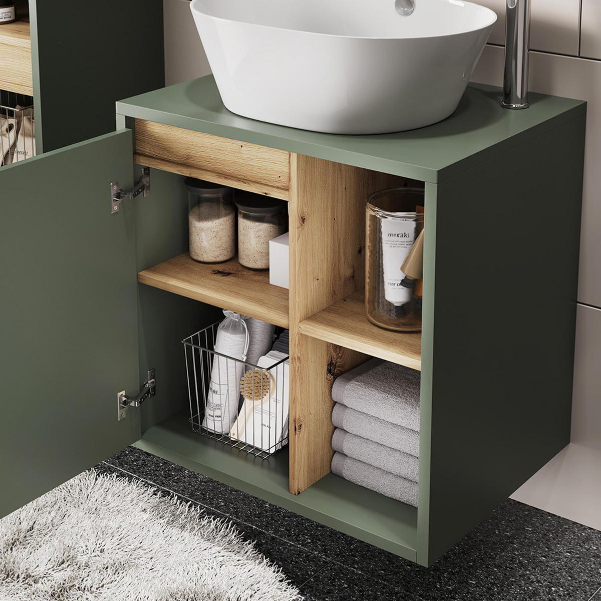 WASCHBECKENUNTERSCHRANK Viola Grün/Artisan 60 x 60 cm mit offenen Regalen - Eiche Artisan/Grün, Holzwerkstoff (60/60/46cm) - Vicco