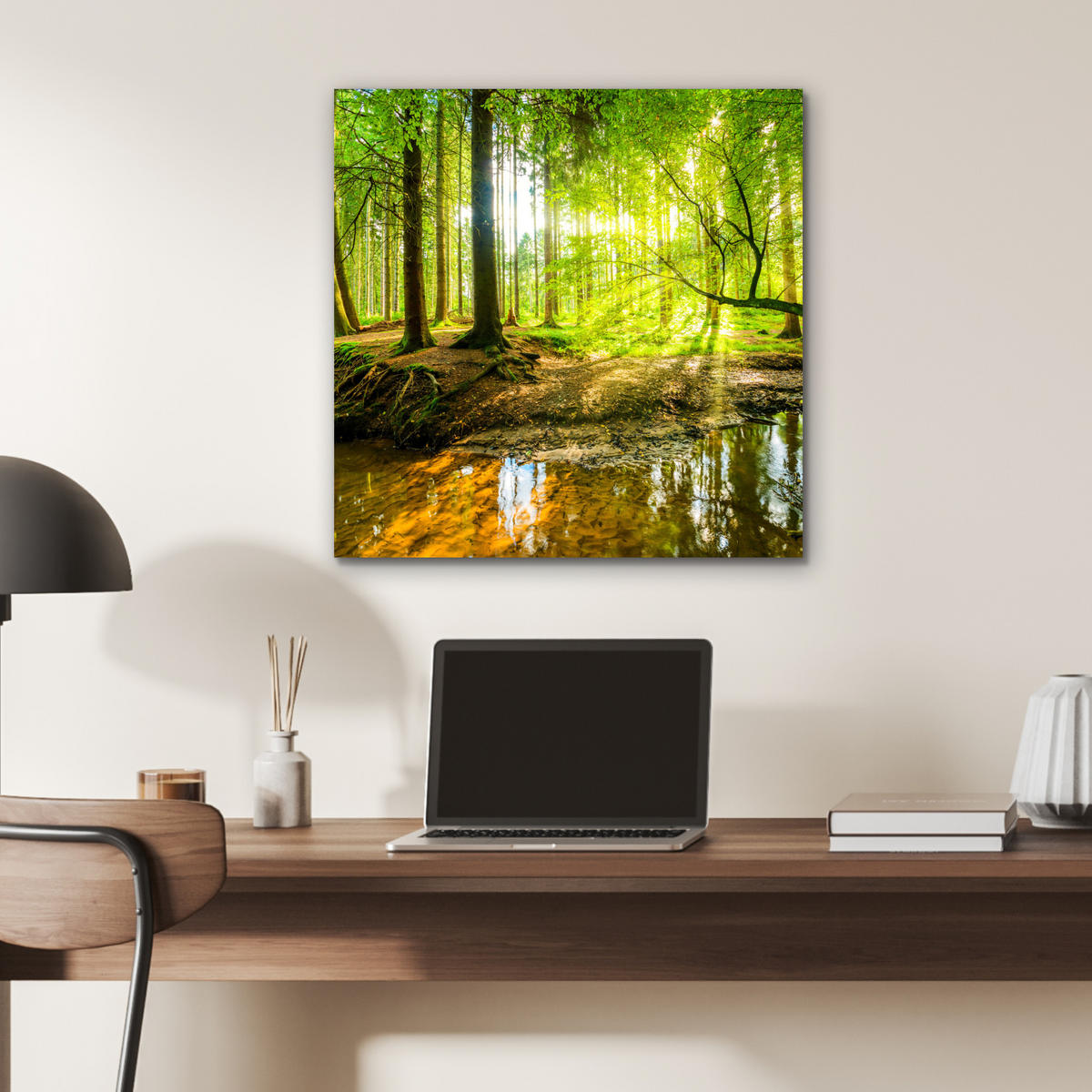 METALLBILD Wald - Landschaft - Wasser - Bäume - Sonne - Grün - Natur 50x50 cm - Grün, Metall (50/50cm) - MuchoWow