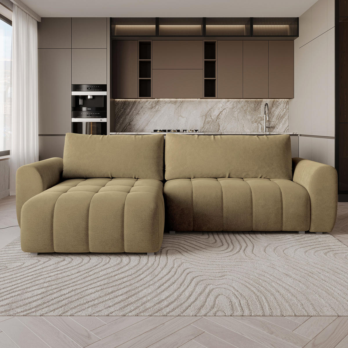 ROHOVÁ Sedačka MODARO CASTEL 48, Hořčicová - šedá/kari žlutá, dřevo/textil (285/148cm) - MASSENO