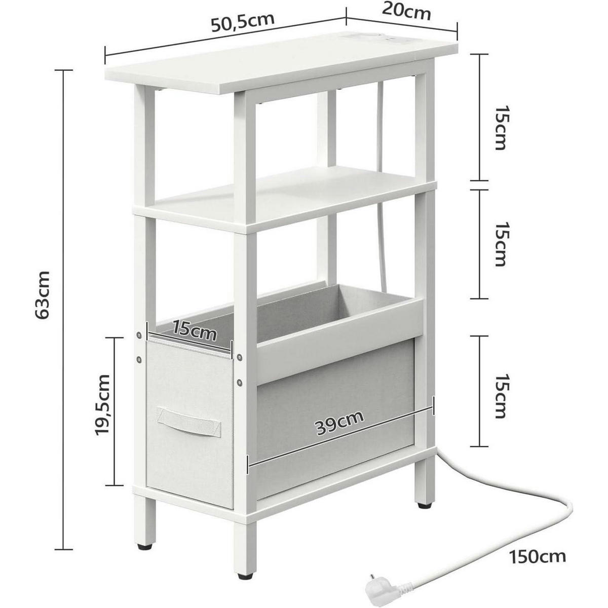 BEISTELLTISCH mit Ladestation und LED-Leuchte Weiß - Weiß, Metall (50.5/20/63cm)
