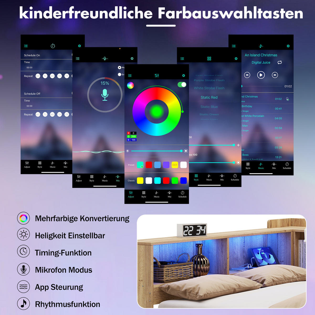 KINDERBETT Liegefläche 140/200 cm aus MDF mit LED, USB-Anschluss und Schreibtisch - Naturfarben, Holzwerkstoff (140/200cm) - BEAOK