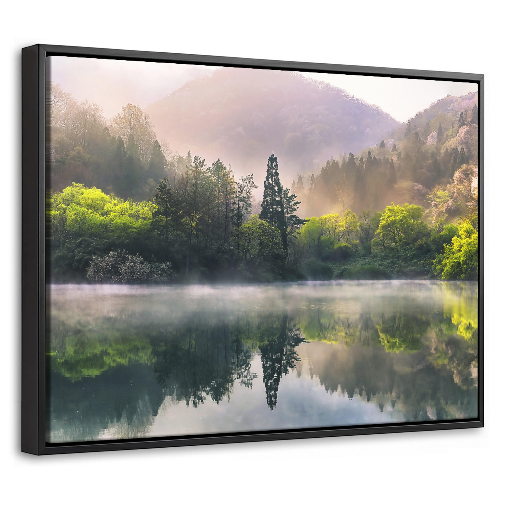 LEINWAND Bilder mit Rahmen - Natur - Bäume - Berge - See - Wasser - 40x30 - Hellgrün, Textil (40/30cm) - MuchoWow