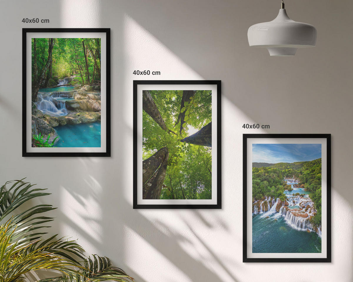 WANDBILDER 3er-Set - 40x60 cm Schwarzer Rahmen - Wasserfälle grüner Wald Wasser - Schwarz, Kunststoff (40/60cm) - ArtPrintCave