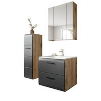 BADMÖBEL Set 3-teilig in schwarz matt und Eiche, Badezimmer komplett mit Waschbecken, 105 x 185 cm Cover - Eichefarben/Schwarz, Glas/Holzwerkstoff (105/185/46cm) - Inn.Furn