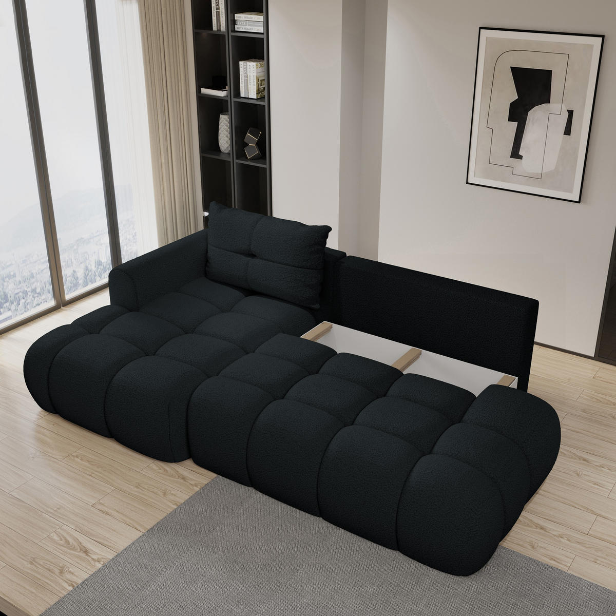 ECKSOFA FLUMA L-S Schwarz Boucle-Stoff mit Schlaffunktion - Schwarz, Holz (274/165cm) - MASSENO