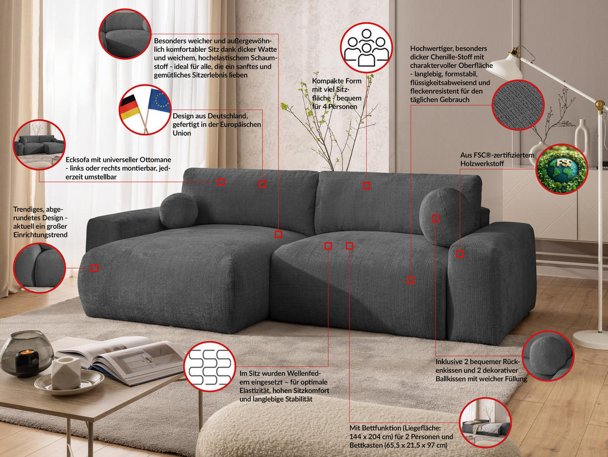 ECKSOFA Puffy mit Schlaffunktion und Bettkasten - besonders weich und puffig aus Grau Chenille-Stoff - Ottomane links - Schwarz/Grau, Holz/Kunststoff (138/266cm) - S-Style Möbel