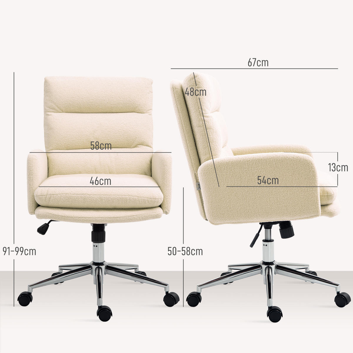 BÜROSTUHL Ergonomischer Schreibtischstuhl mit Armlehne, Lammwolle-Optik Creme - Creme, Kunststoff (58/99/67cm) - HOMCOM