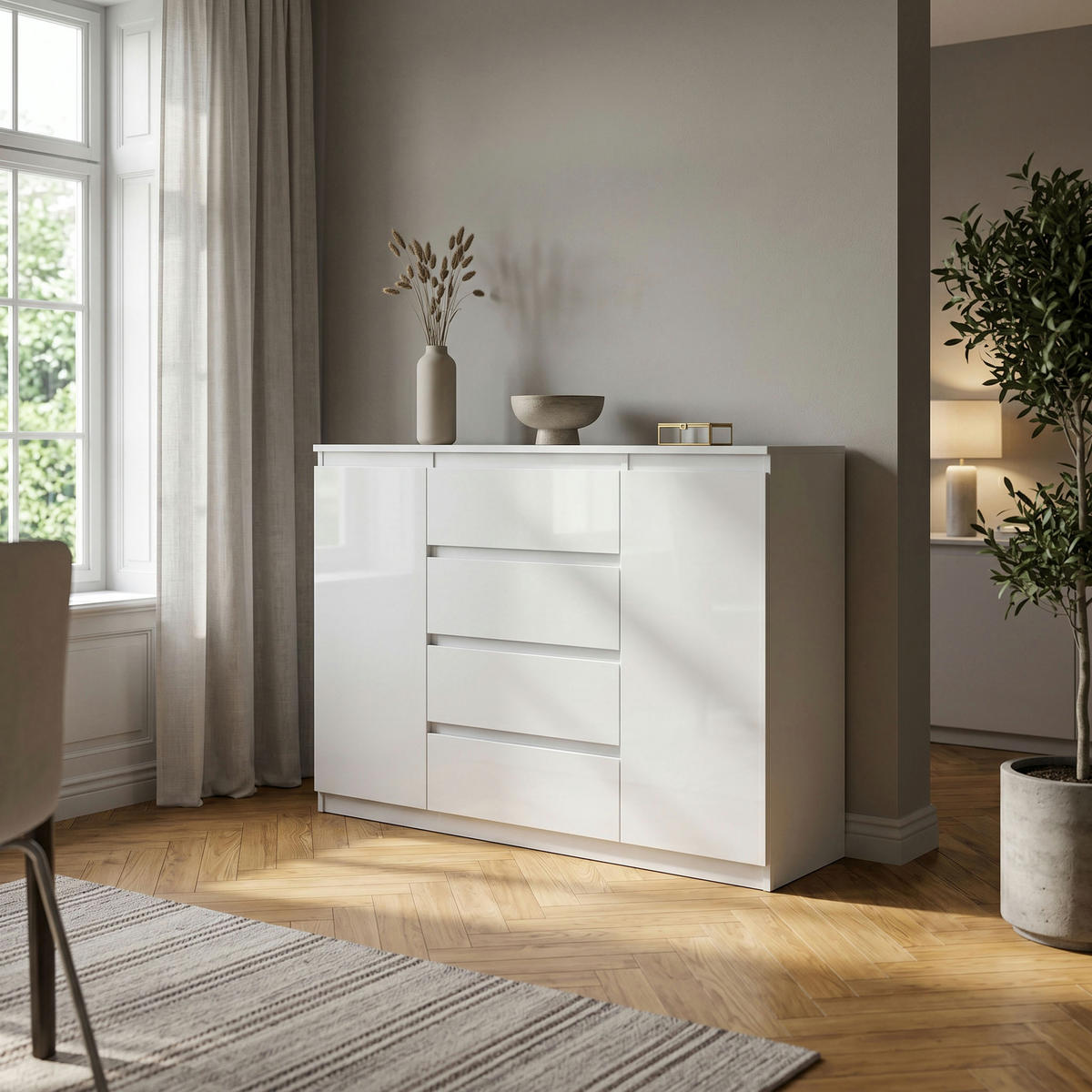 KOMMODE NUDO 120/101,5/39cm mit 4 Schubladen 2 Türen Weiß - Weiß Hochglanz/Weiß, Holzwerkstoff (120/101.5/39cm) - MASSENO