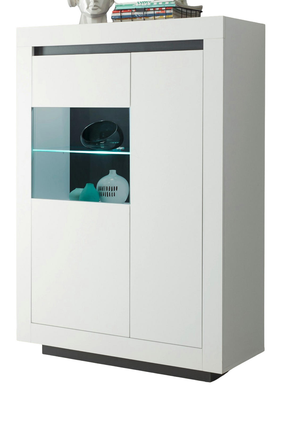 VITRINE weiß, anthrazit, Highboard 96 cm mit 7 Fächern - Weiß Hochglanz/Anthrazit, Glas/Holz (96/136/38cm) - Furn.Design