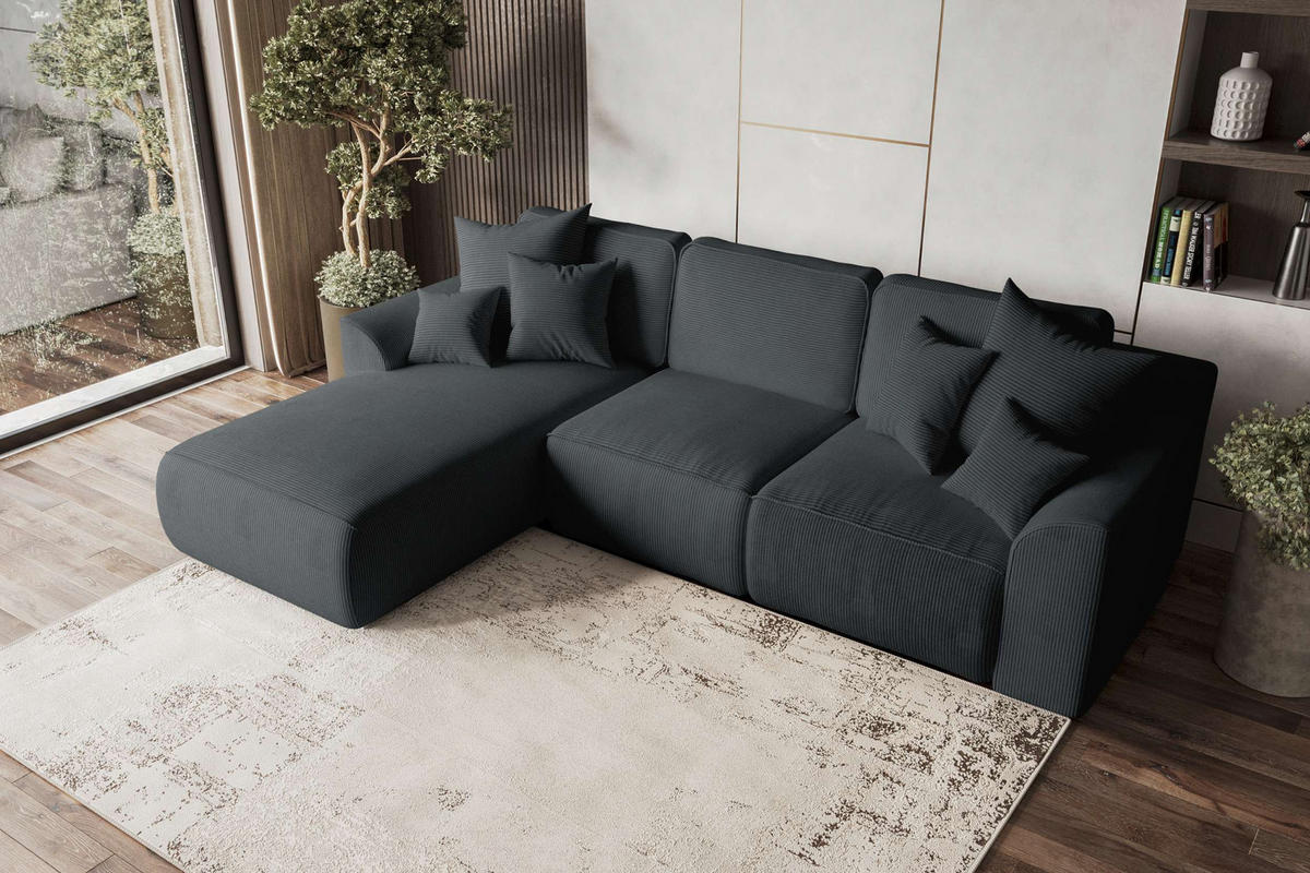 ECKSOFA GUSTO Cordstoff Graphitfarben Links inkl. Schlaffunktion - Chromfarben/Graphitfarben, Kunststoff/Textil (295/194cm) - 99rooms