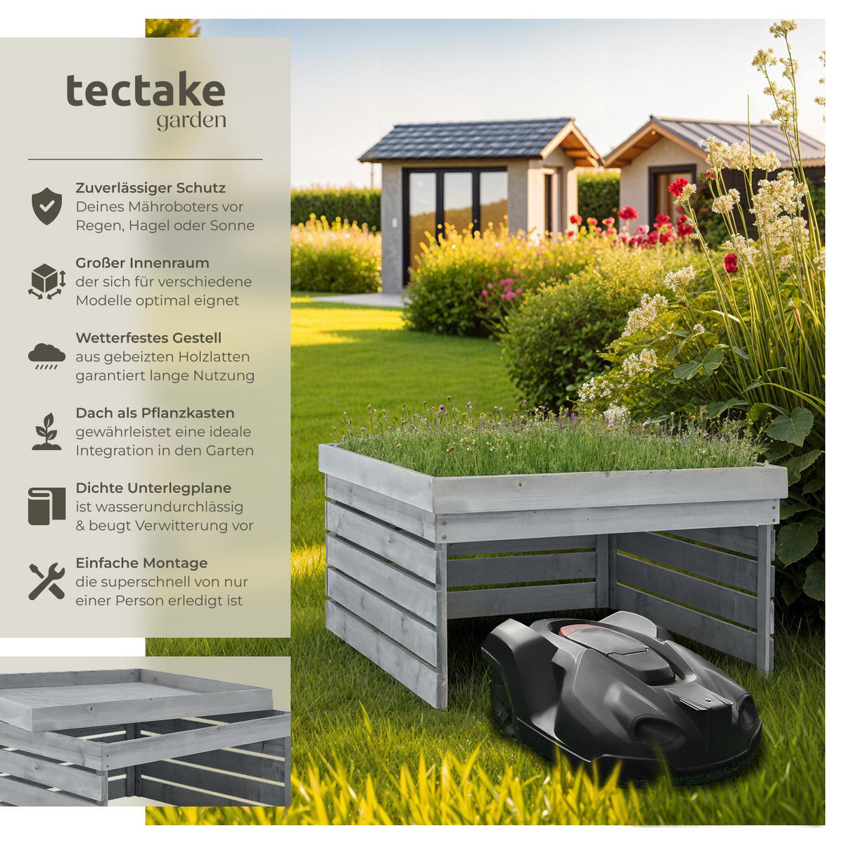 RASENMÄHER-ROBOTER-GARAGE Hortus, 84 x 78 x 46 cm, grau - Grau, Holz (84/46/78cm) - tectake