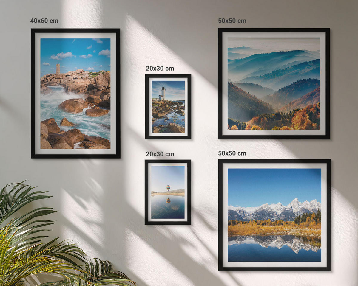BILDER SET 5er Set - 50x50 cm & 20x30 cm & 40x60 cm Schwarzer Rahmen - Ausblicke auf die Natur, Leuchtturm, Berge - Schwarz, Kunststoff (40/60cm) - TULUP