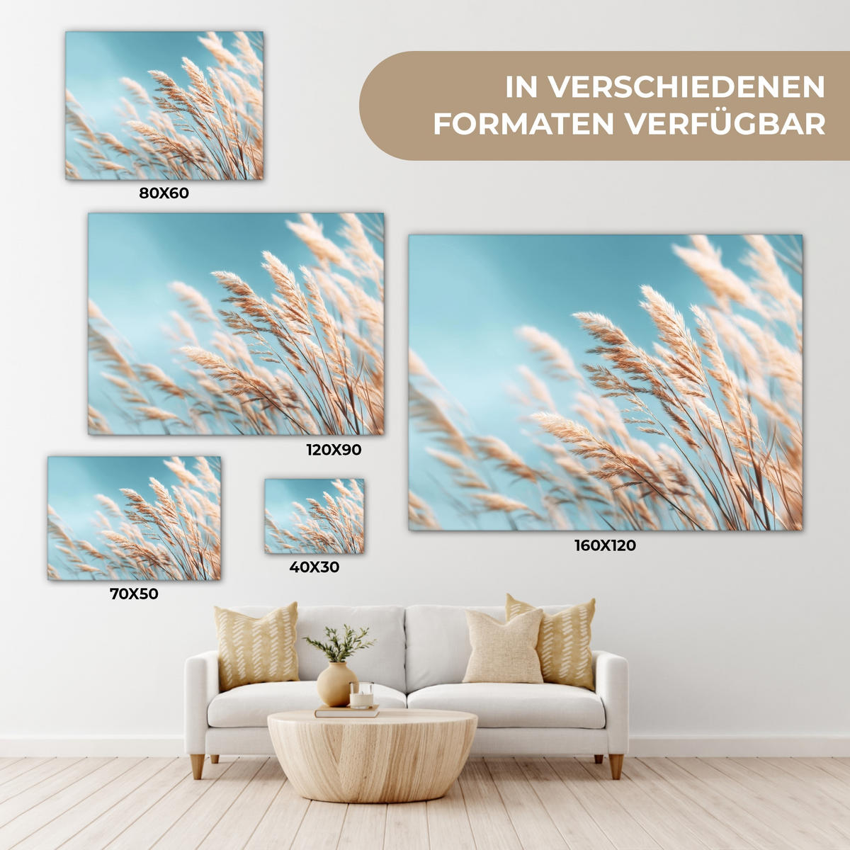 LEINWANDBILD Ziergras - Wind - Hellbraun Wandbilder 80x60 cm - Hellblau, Textil (80/60cm) - MuchoWow
