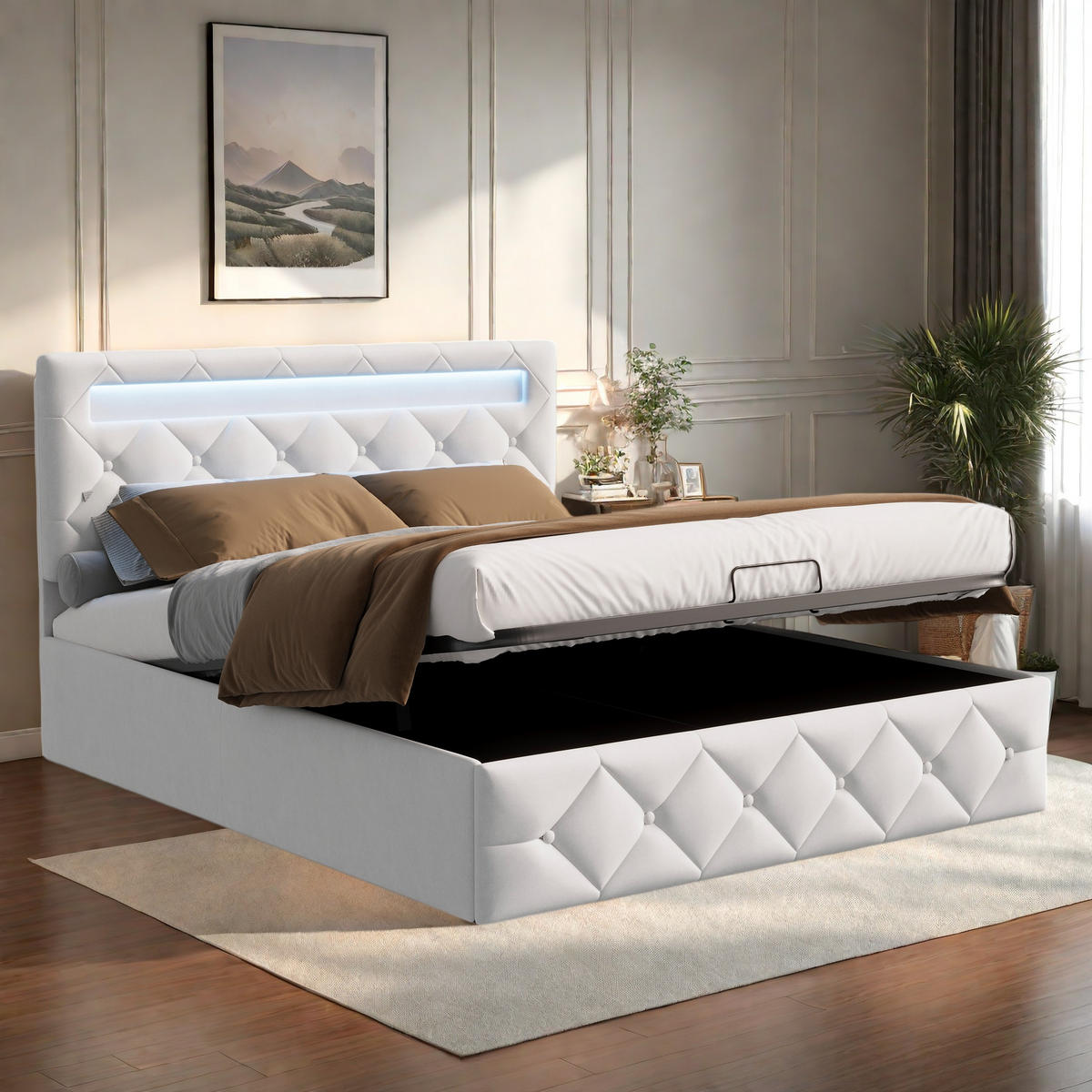 POLSTERBETT 160x200 cm LED USB Stauraum Lattenrost beige - Beige, Holz (160/200cm) - LEBENLANG