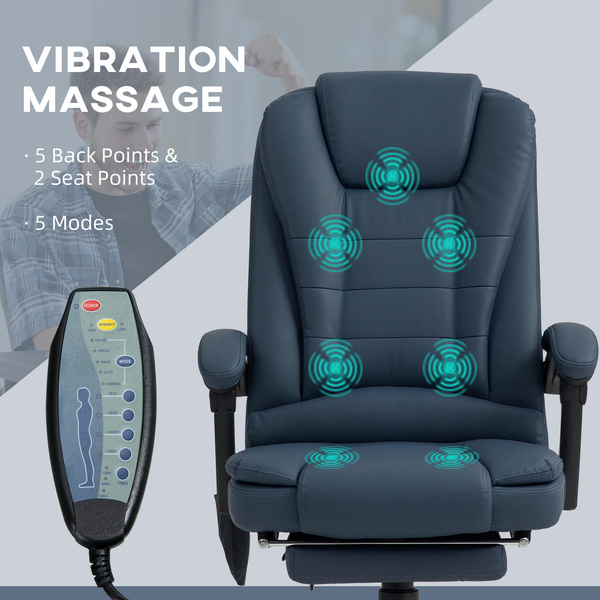 CHEFSESSEL mit 7 Punkt Massage, ergonomischer Chefsessel mit Liegefunktion - Blau/Schwarz, Kunststoff/Metall (67/121/67cm) - Vinsetto