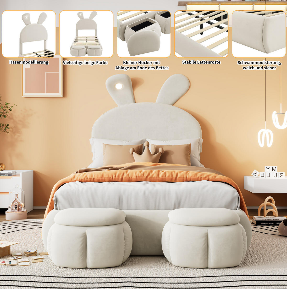 POLSTERBETT 90/200 cm aus Samt mit LED-Hasenohren und 2 Aufbewahrungshockern Beige - Beige, Textil (90/200cm) - Modenvie