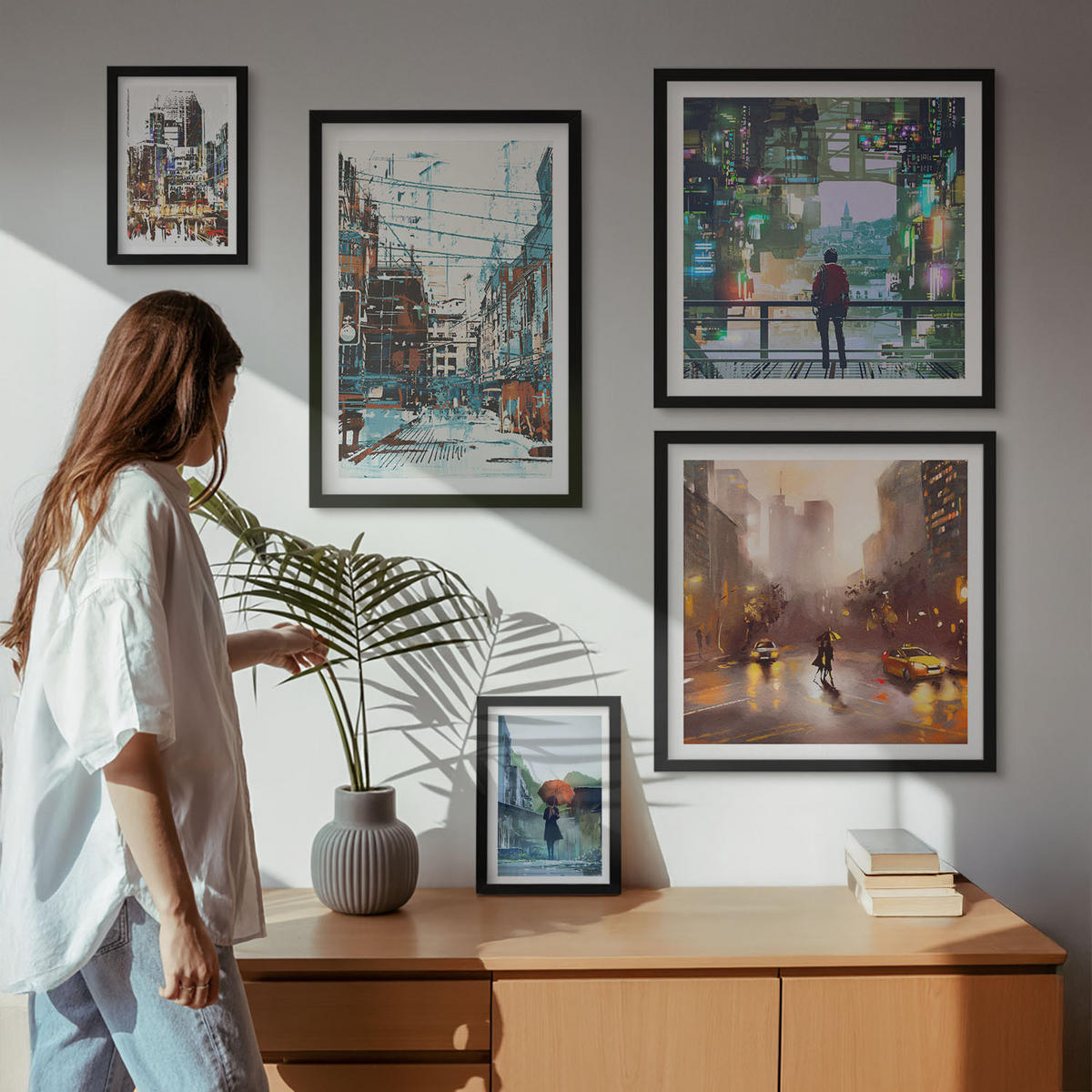 BILDER SET 5er Set - 50x50 cm & 20x30 cm & 40x60 cm Schwarzer Rahmen - Moderne, farbenfrohe Städte mit Charakteren - Schwarz, Kunststoff (40/60cm) - TULUP