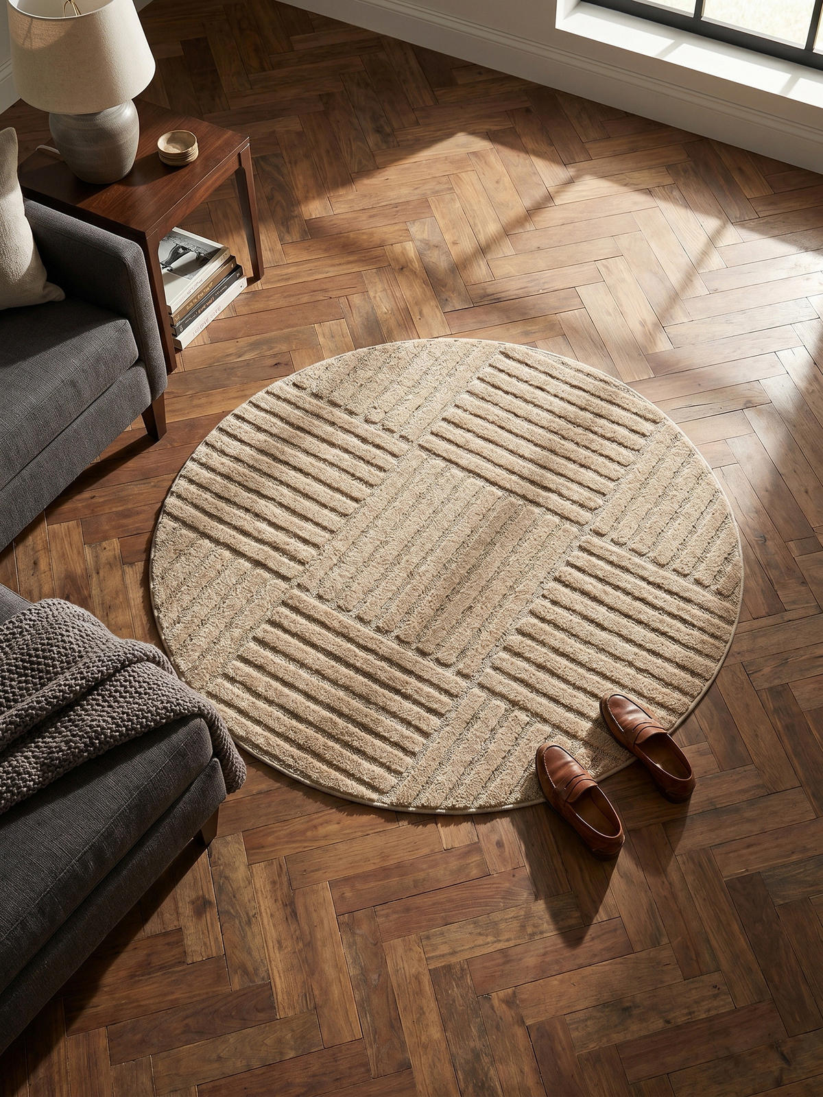 TEPPICH Hochflor RIGI in Beige, mit Cord-Streifen-Patchwork, Ø 160 cm - Beige, Textil (160/160cm) - KADIMA DESIGN