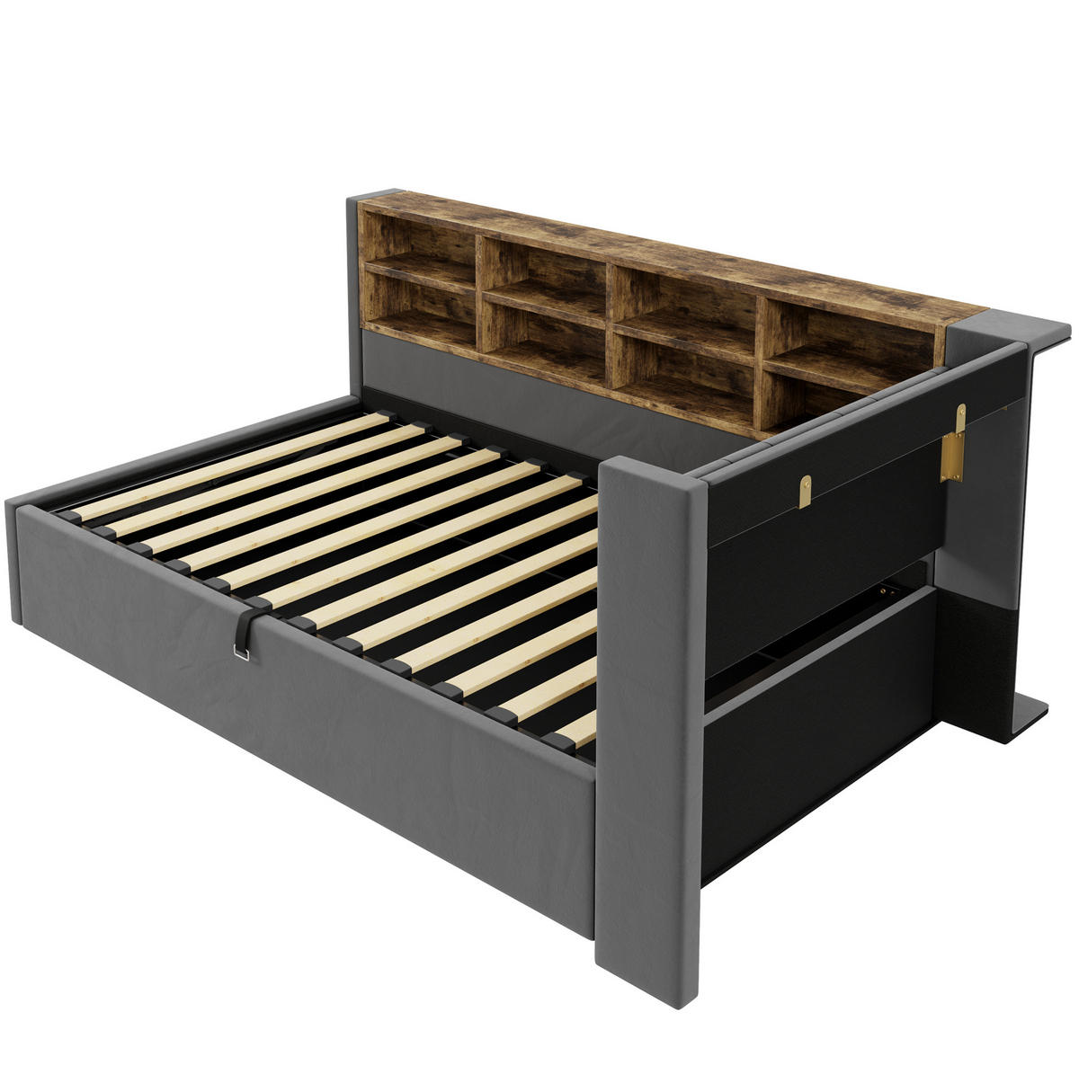 POLSTERBETT 90/200 cm mit hydraulischem Stauraum, Nachtlicht, USB- und USB-C-Anschluss sowie Seitenfächern, Grau - Dunkelgrau, Textil (90/200cm) - Redom