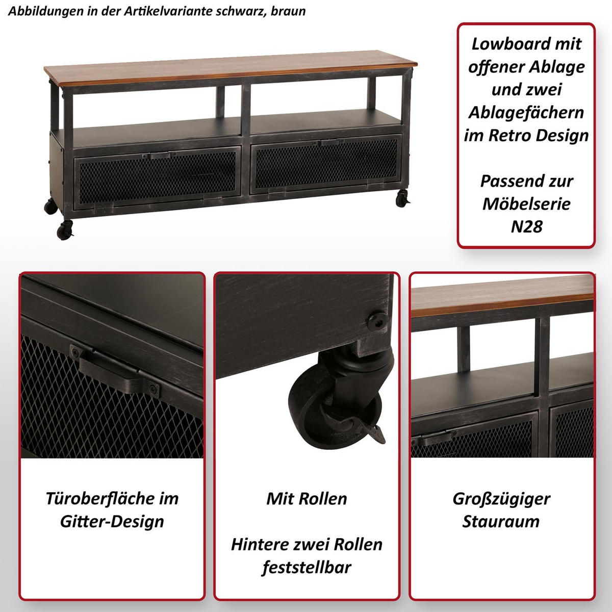 LOWBOARD Schwarz, Beige - Beige/Schwarz, Holz (130/55/36cm) - MCW