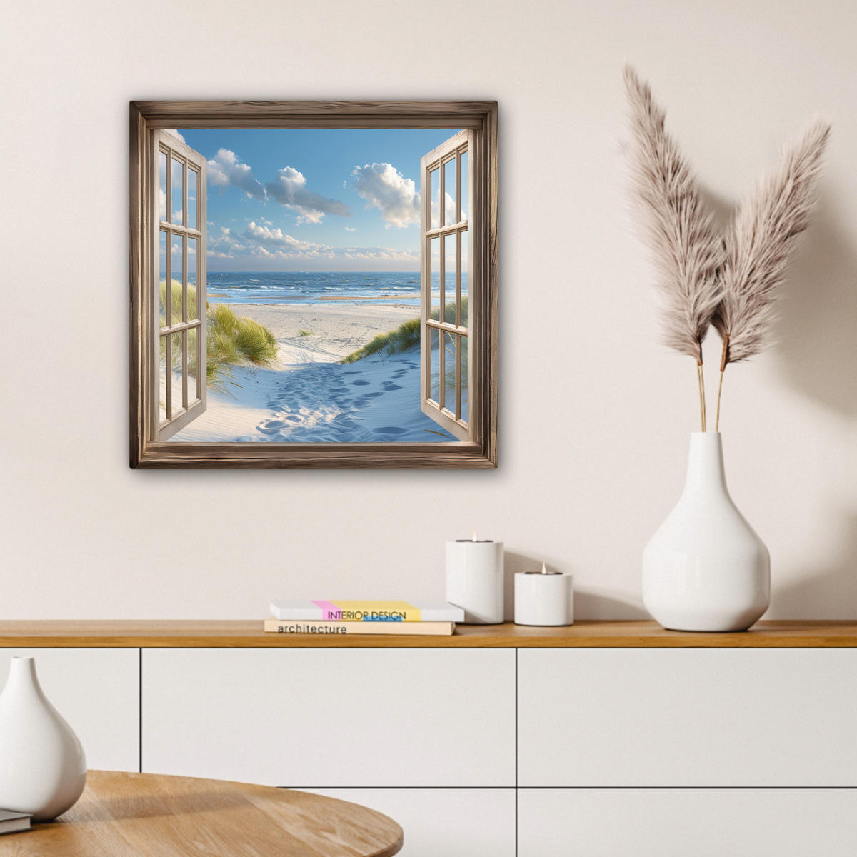 LEINWANDBILD Aussicht - Strand - Fenster - Dünen - Meer Wandbild Wohnzimmer 50x50 cm - Hellblau, Textil (50/50cm) - MuchoWow