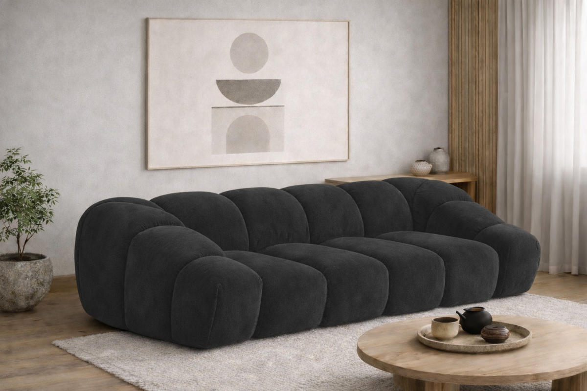 SOFA 3-Sitzer modular, Veloursstoff Bluvel, Schwarz, CROISSANT - Schwarz, Holz (240/72/115cm) - Kaiser Möbel
