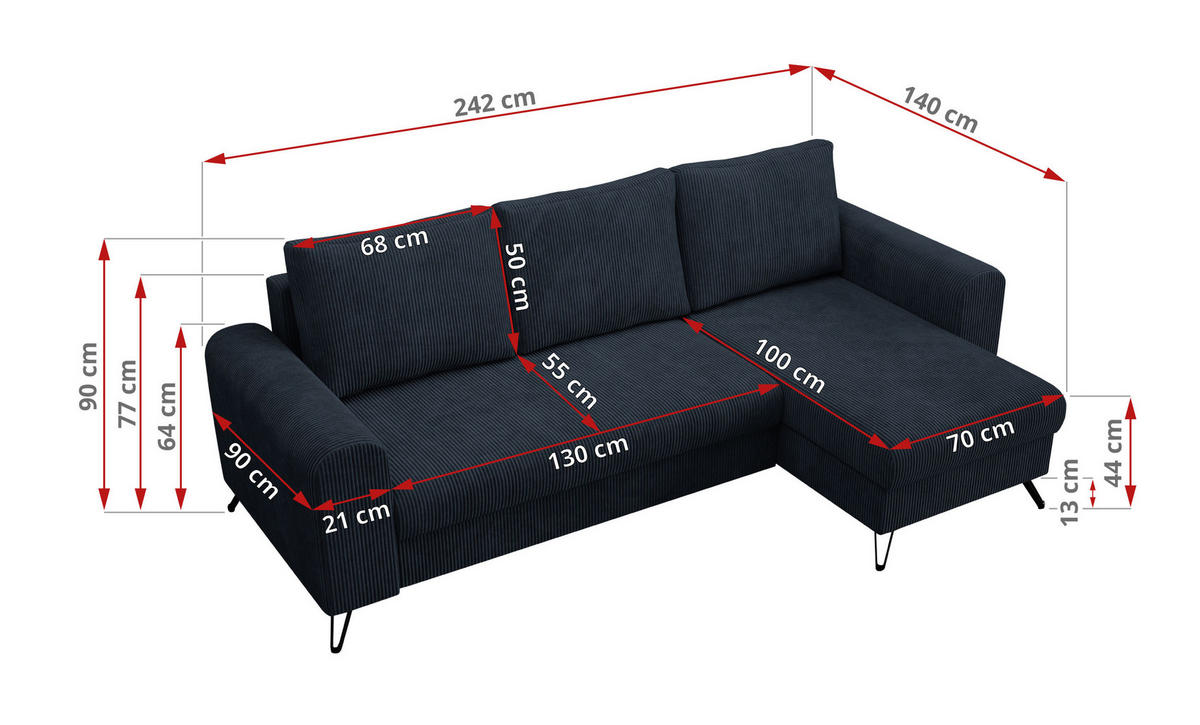 ECKSOFA Hugo Cord Dunkelblau - Schwarz/Dunkelblau, Textil/Metall (242/140cm) - MKS