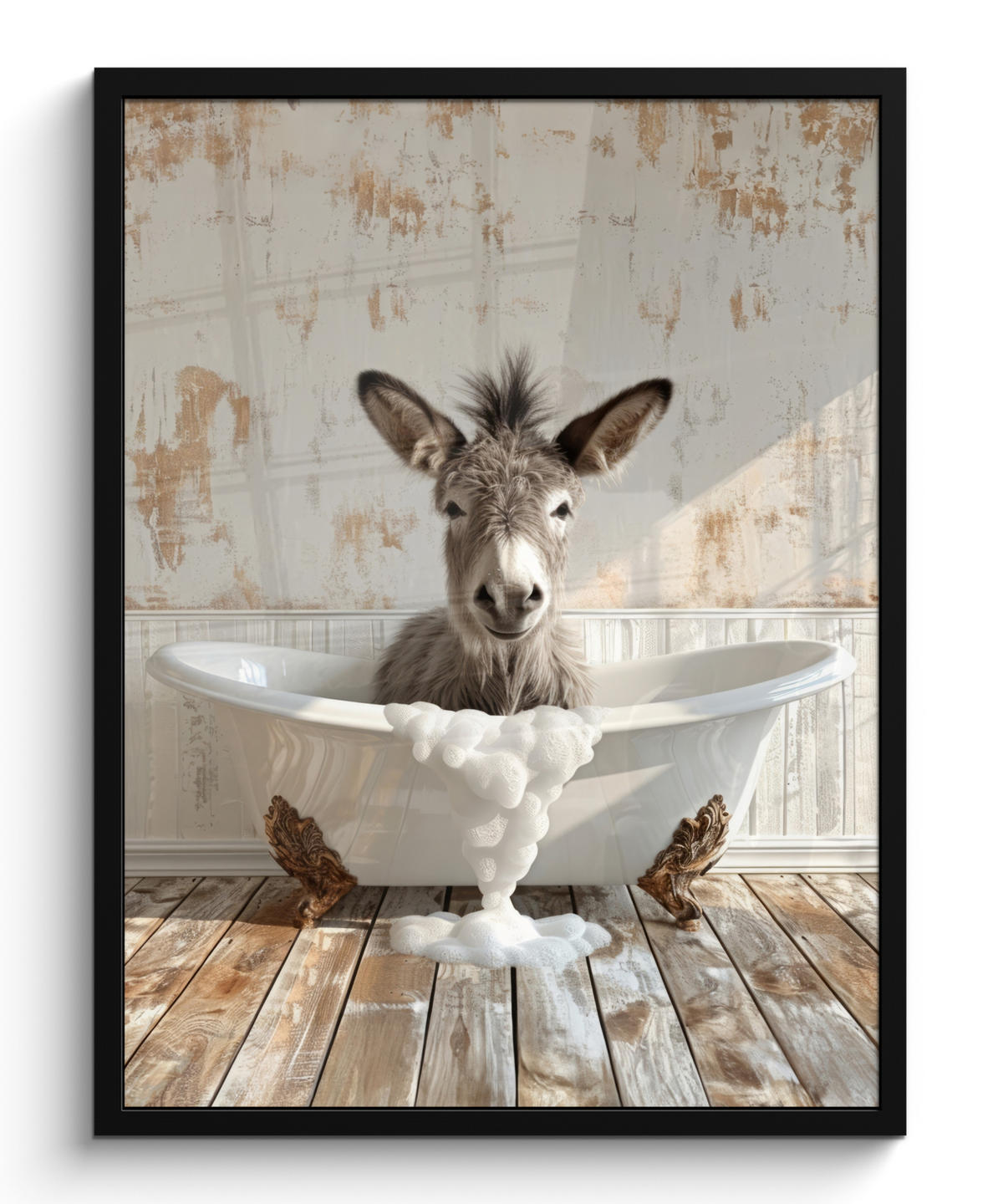 GERAHMTES BILD Esel - Tiere - Badewanne - Schaumstoff 60x80 cm - Weiß, Papier (60/80cm) - MuchoWow