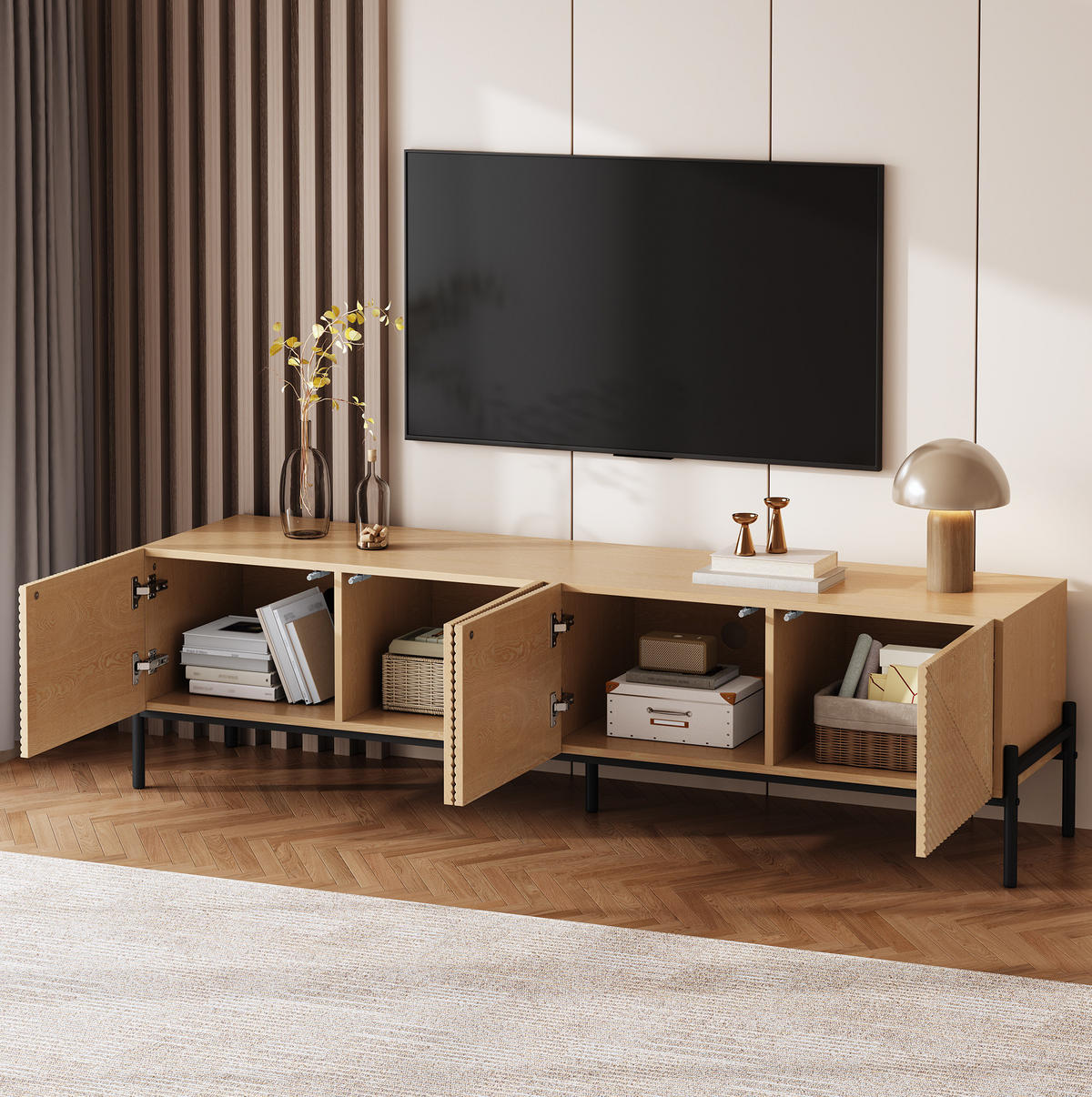 TV skrinka 163,5/40/45 cm prírodná so 4 dvierkami a 3D povrchom z MDF - svetlohnedá, kompozitné drevo (163.5/45/40cm) - OKWISH
