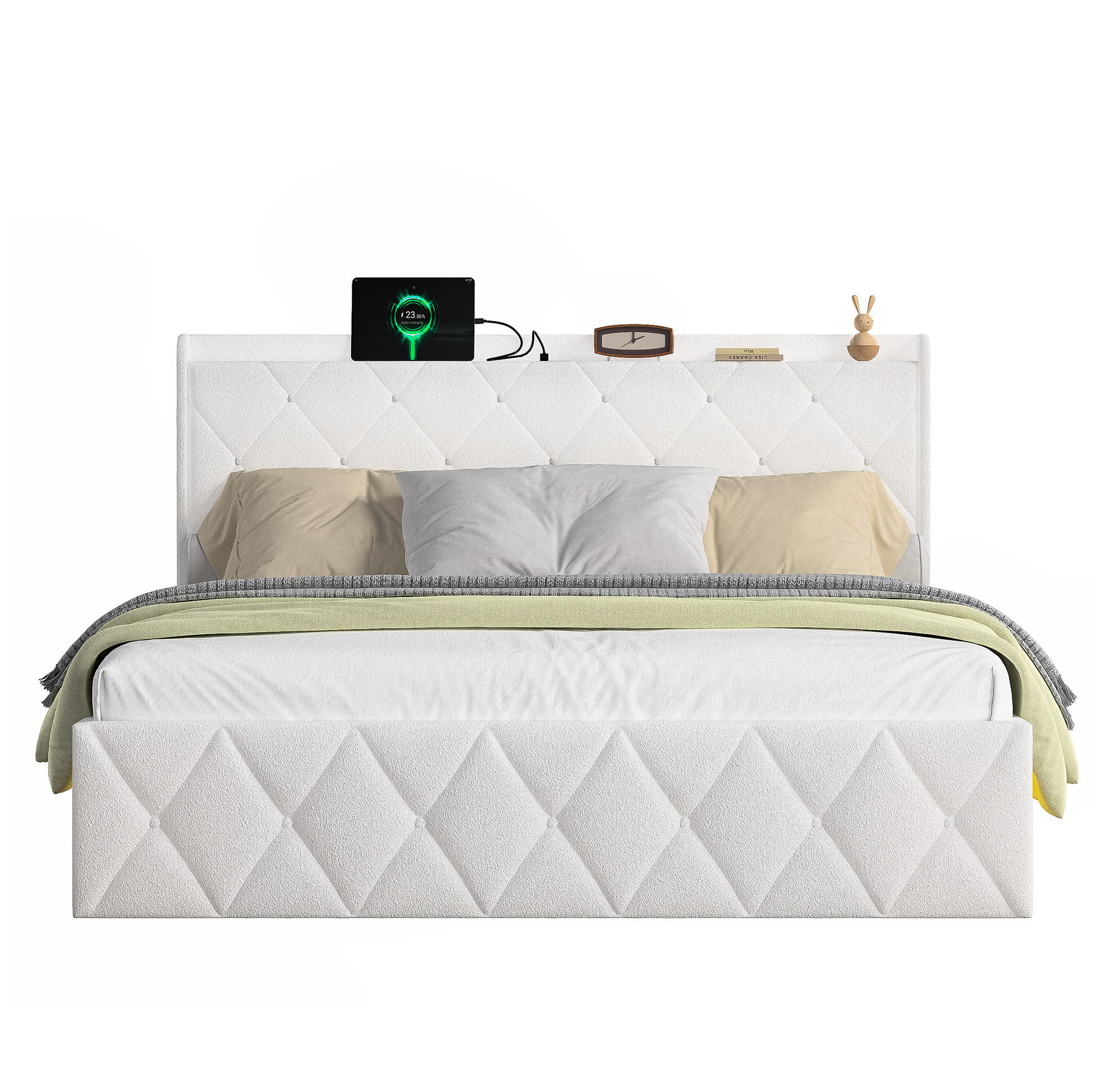 POLSTERBETT 160/200 cm Weiß aus Teddy mit LED-Beleuchtung und USB-Ladefunktion - Weiß, Textil (160/200cm) - OKMYHOME