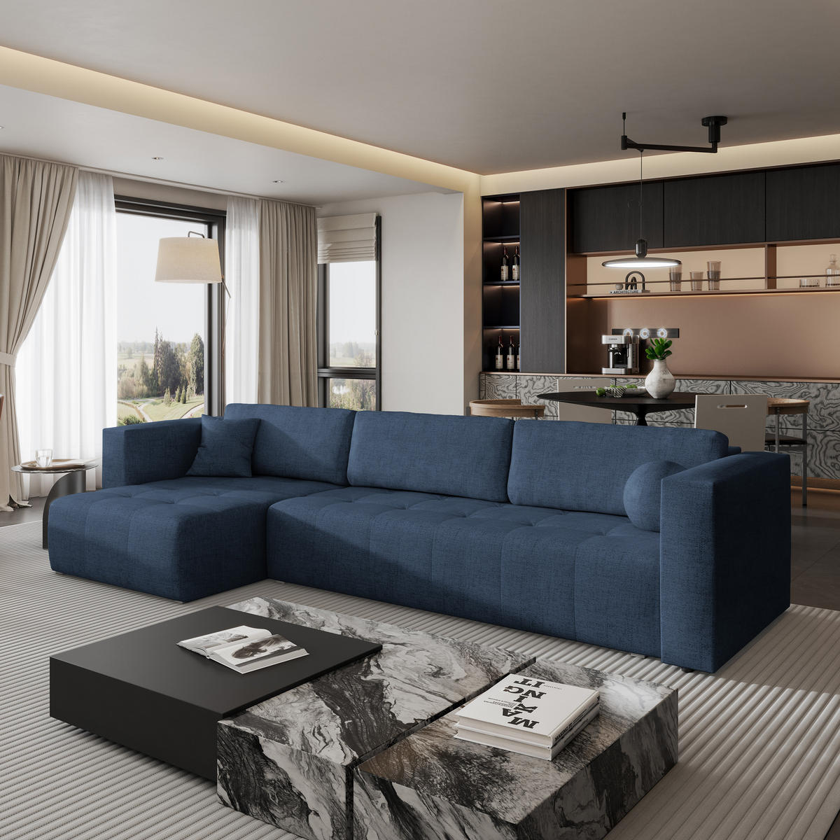 ECKSOFA OLVERA Blau Geflochtener Stoff mit Schlaffunktion - Blau, Holz (347/148cm) - MASSENO