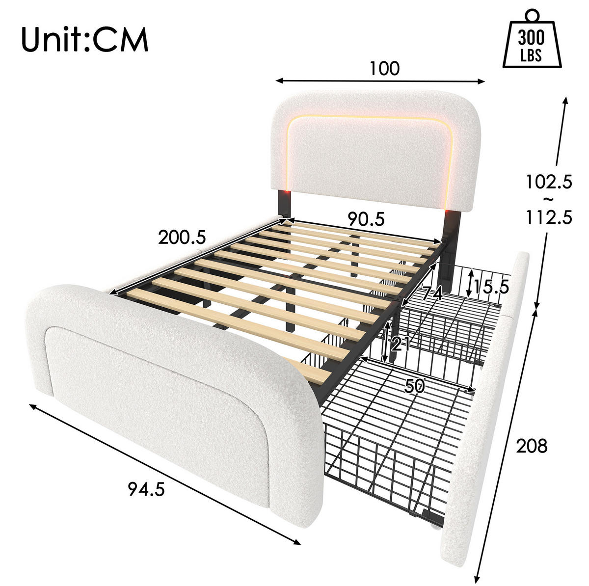 POLSTERBETT 90/200 cm aus Sherpa mit USB-C, LED-Beleuchtung, 2 Schubladen und Matratze, Weiß - Weiß, Textil (90/200cm) - Redom