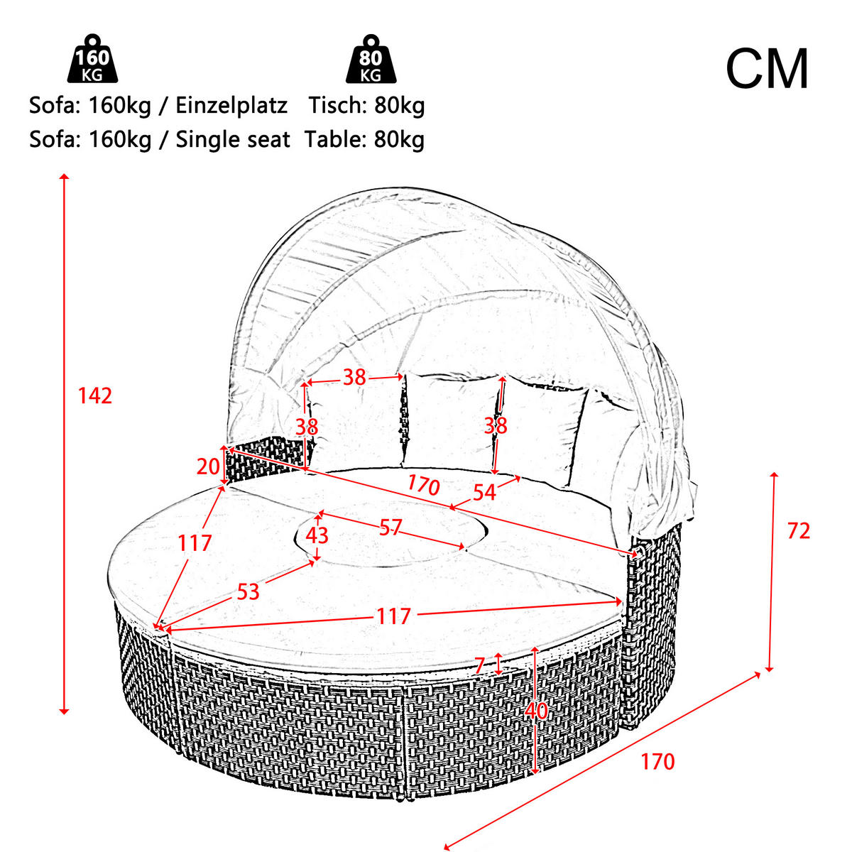 GARTENMUSCHEL aus Rattan & Metall Ø170 cm in Beige mit faltbarem Sonnenschutz - Beige, Metall (170/72/170cm) - Modfu