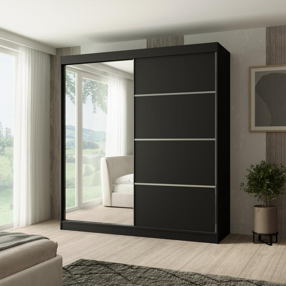 SCHWEBETÜRENSCHRANK Paco 200/215/61 2-türig schwarz mit Spiegel - Schwarz, Holzwerkstoff (200/215/61cm) - Beautysofa