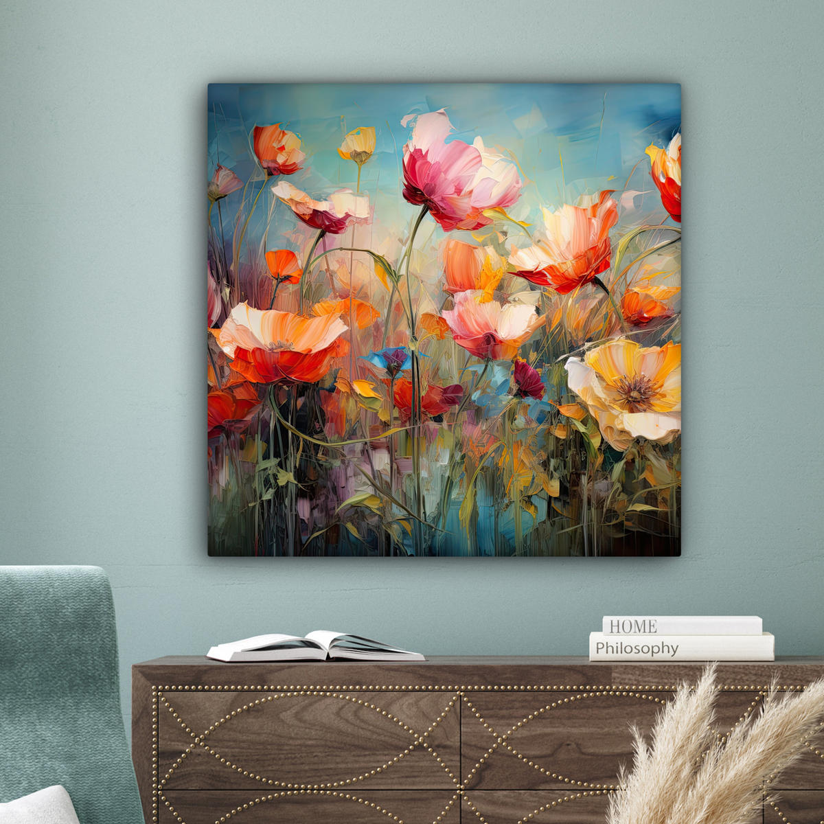 LEINWANDBILD Blumen - Aquarell - Kunst - Botanisch - Natur 90x90 cm - Orange, Textil (90/90cm) - MuchoWow