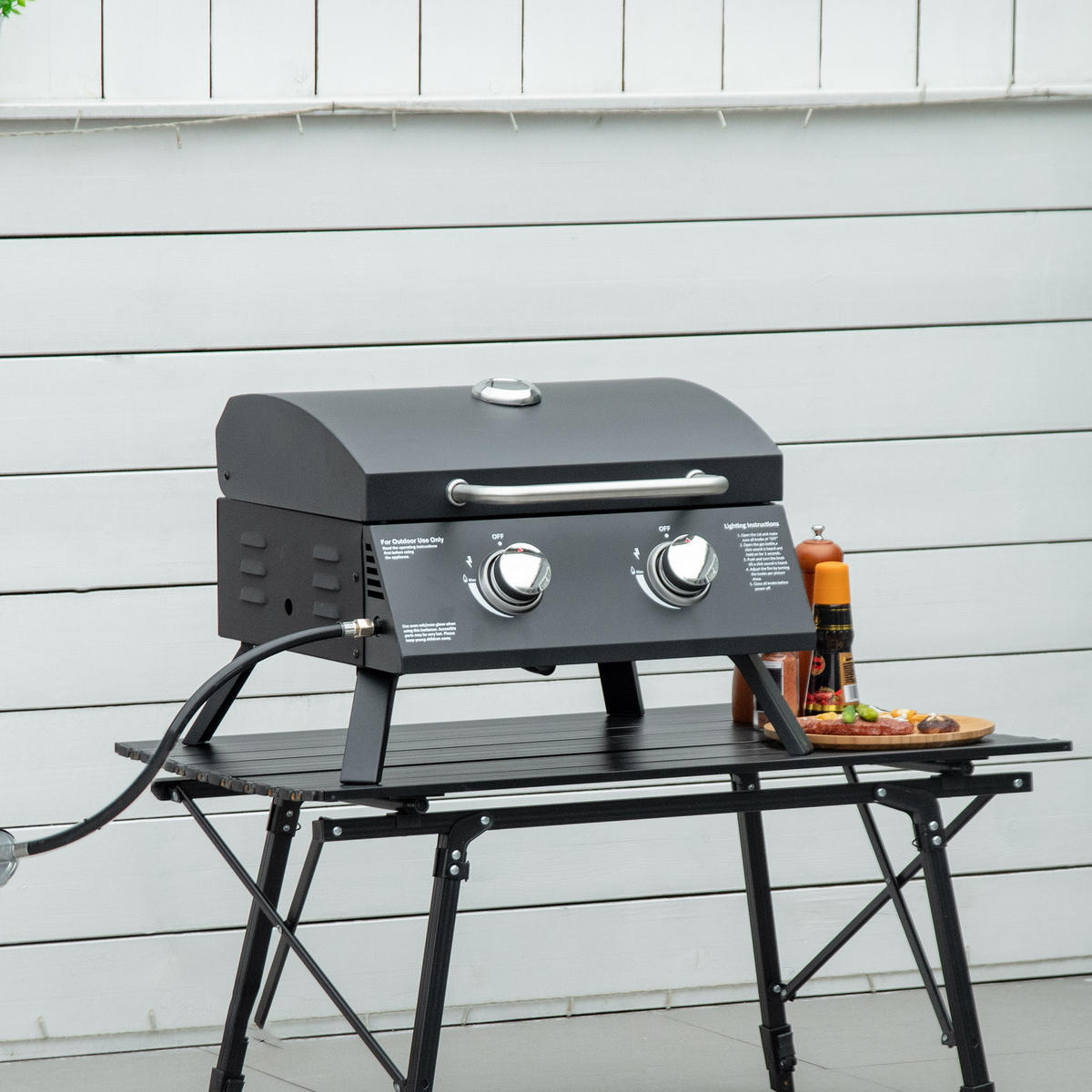 GASGRILL BBQ mit 2 Brennern mobil Edelstahl Schwarz 55 x 46,5 x 41 cm - Schwarz, Metall (46.5/41/55cm) - Outsunny