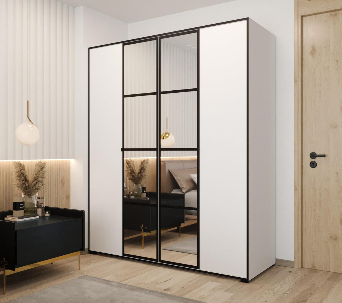 DREHTÜRENSCHRANK MODENA 180, 4-türig Kleiderschrank mit 2 Spiegel, Moderne Garderobe, Schrank in Größe: 180 x 206 x 65 cm - Schwarz/Weiß, Holzwerkstoff (180/206/65cm) - O-Sofa