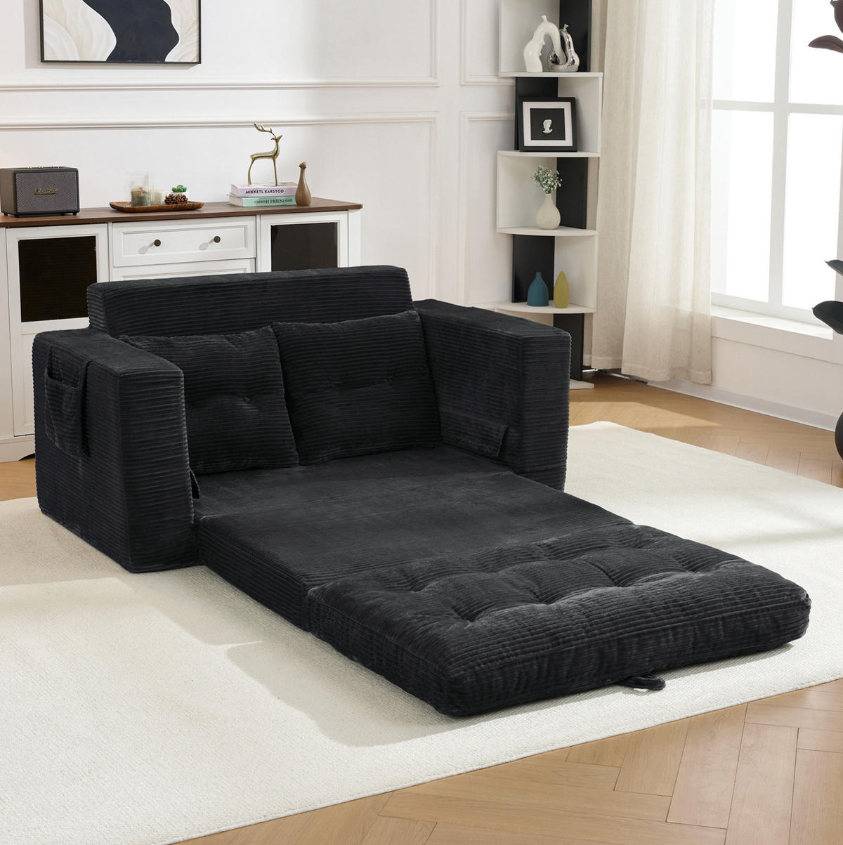 SOFA mit Ausklappfunktion und Seitentaschen Black Corduroy - Schwarz, Kunststoff (140/67/85cm) - Meubliv