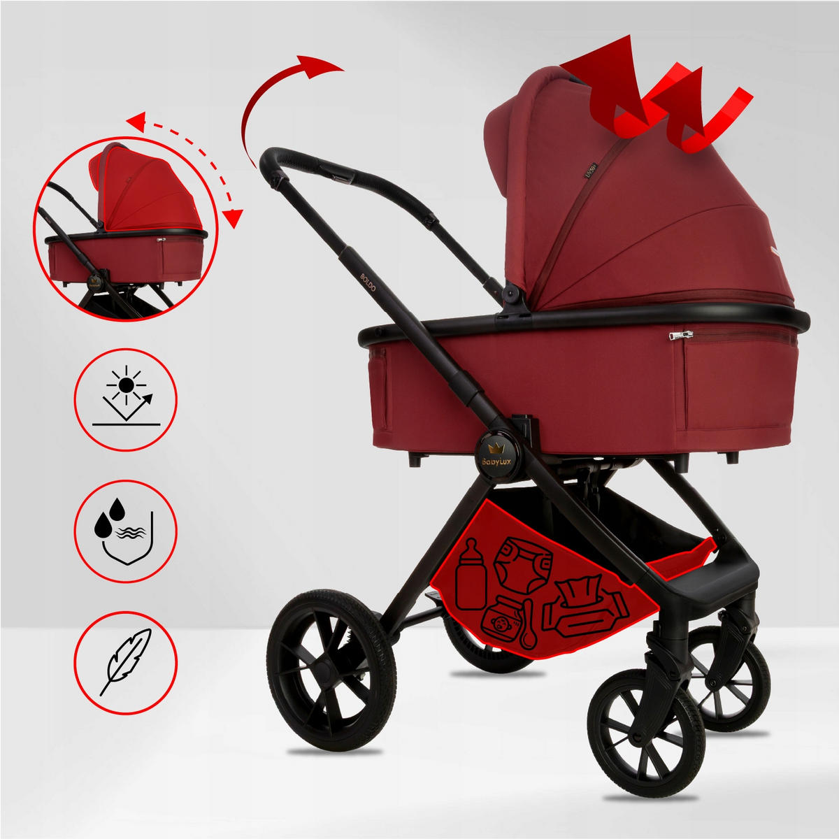 KINDERWAGEN Boldo 3in1 Brownie Babywanne, Buggy Sportsitz, Babyschale I-Size - Weinrot/Schwarz, Textil/Metall (58/98cm) - BabyLux