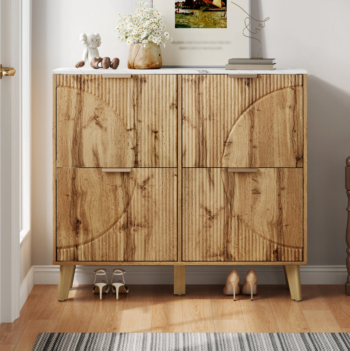 SCHUHSCHRANK 105/24/95,5 cm mit 4 Klapptüren, MDF in Holzoptik mit Platte in Marmoroptik, Natur - Naturfarben, Holzwerkstoff (105/95.5/24cm) - Redom