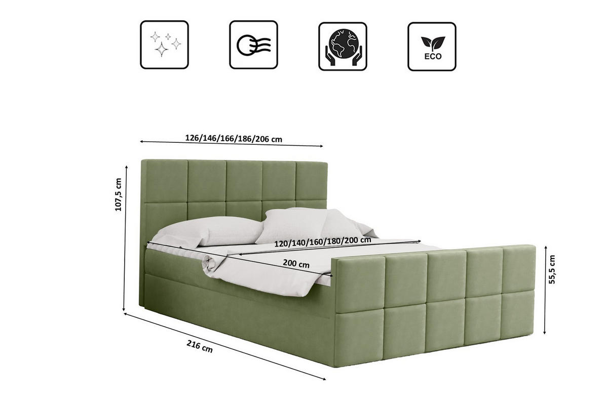 BOXBETT mit Bettkasten und Matratze Topper HANA Stoff Matt Velvet Hellgrün 200x200 cm H2-Pocket - Hellgrün, Holz/Textil (200/200cm) - Kaiser Möbel