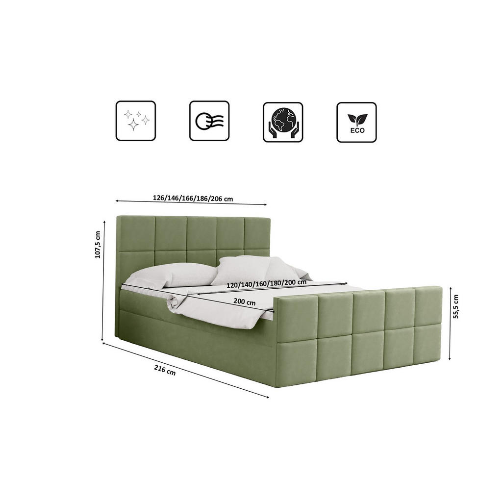 Thumbnail - Kaiser Möbel Boxbett, Hellgrün, Textil, H2, Höhe ca. 20 cm, einzeln stellbar,Rechteckig, 200x200 cm, Schlafzimmer, Bette...