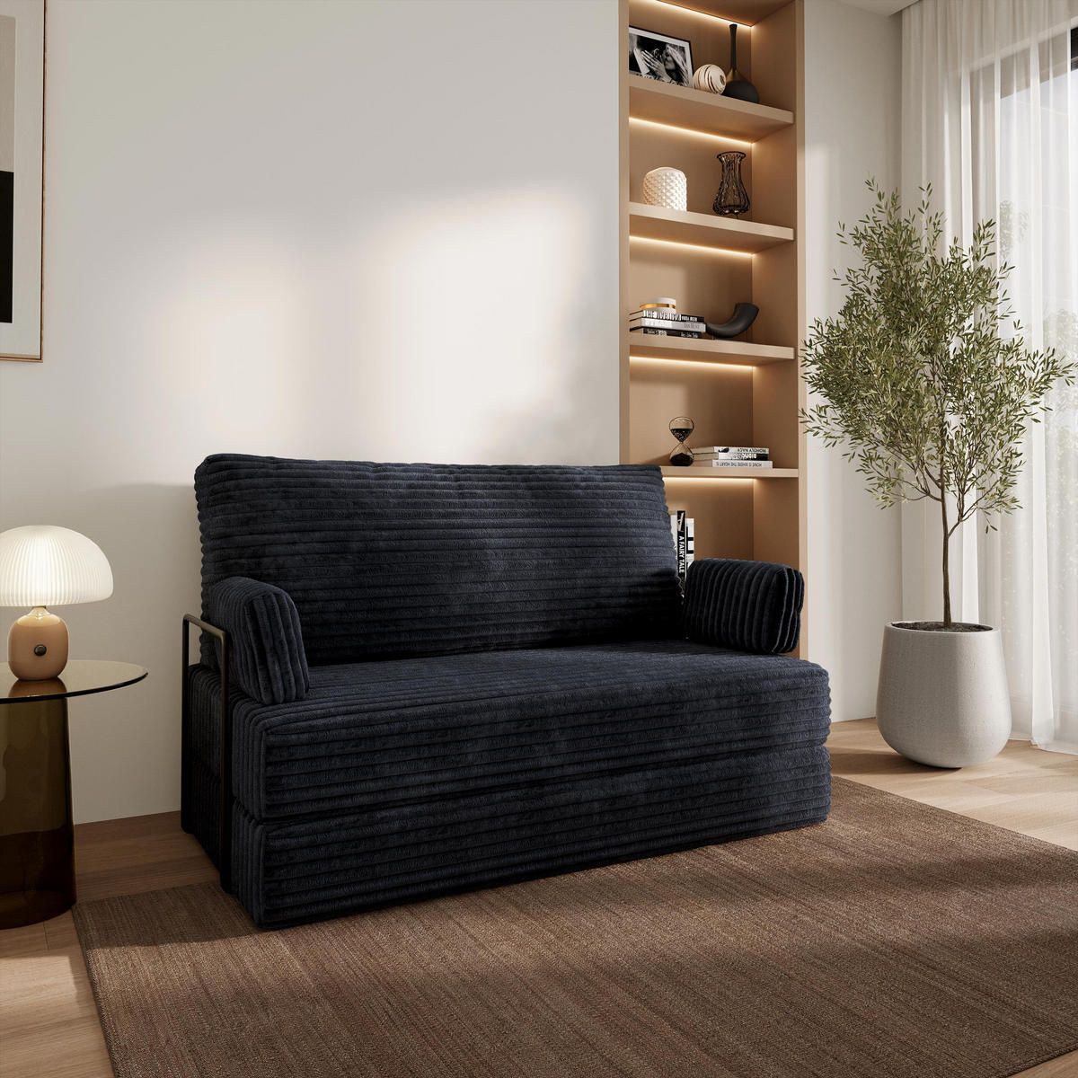 BETTSOFA LADIA aus Schaumstoff Cordstoff Schwarz Schlaffunktion - Schwarz, Textil (140/86/60cm) - MASSENO