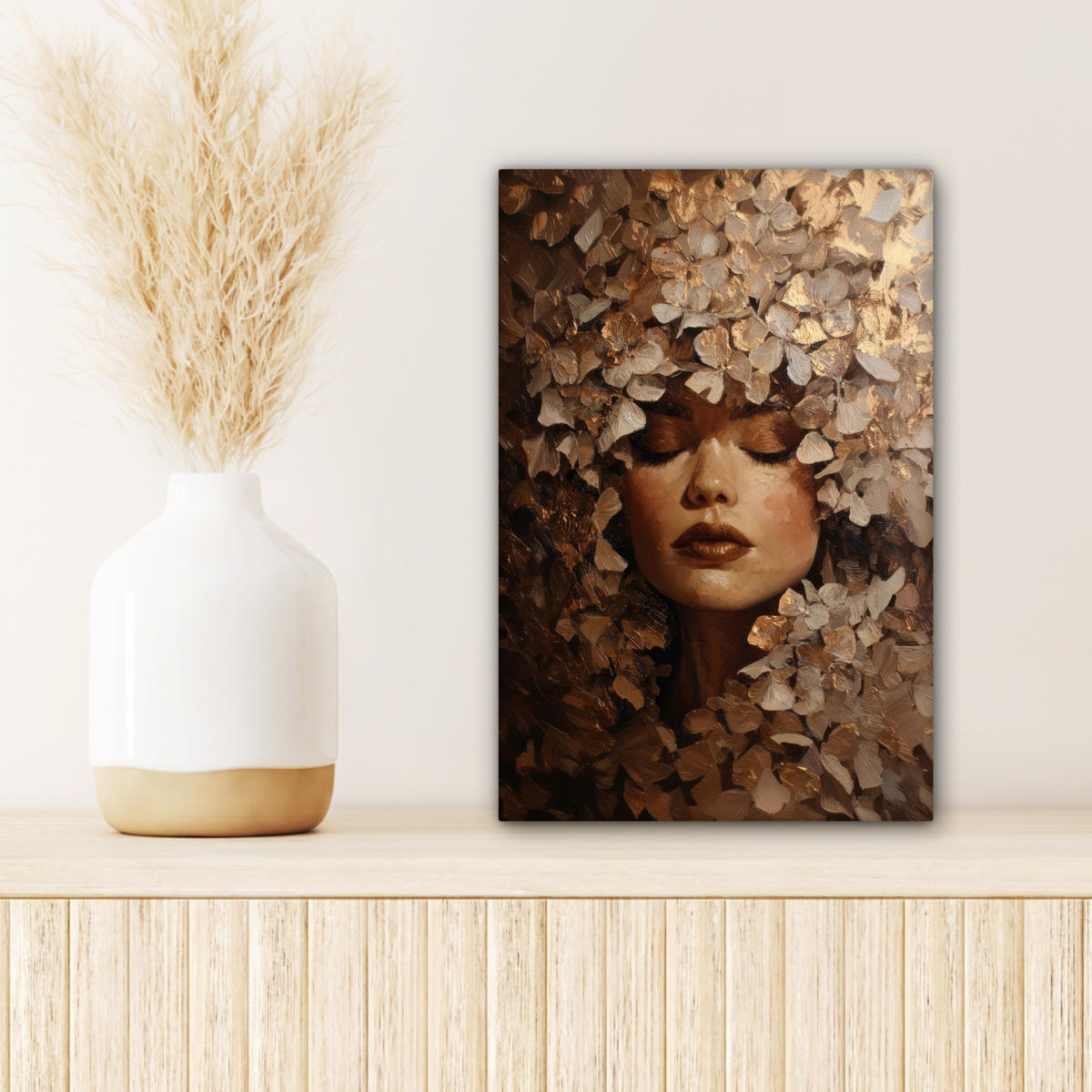 LEINWANDBILD Gesicht - Dame - Blätter - Pinselstriche Deko Wohnzimmer 20x30 cm - Goldfarben, Textil (20/30cm) - MuchoWow