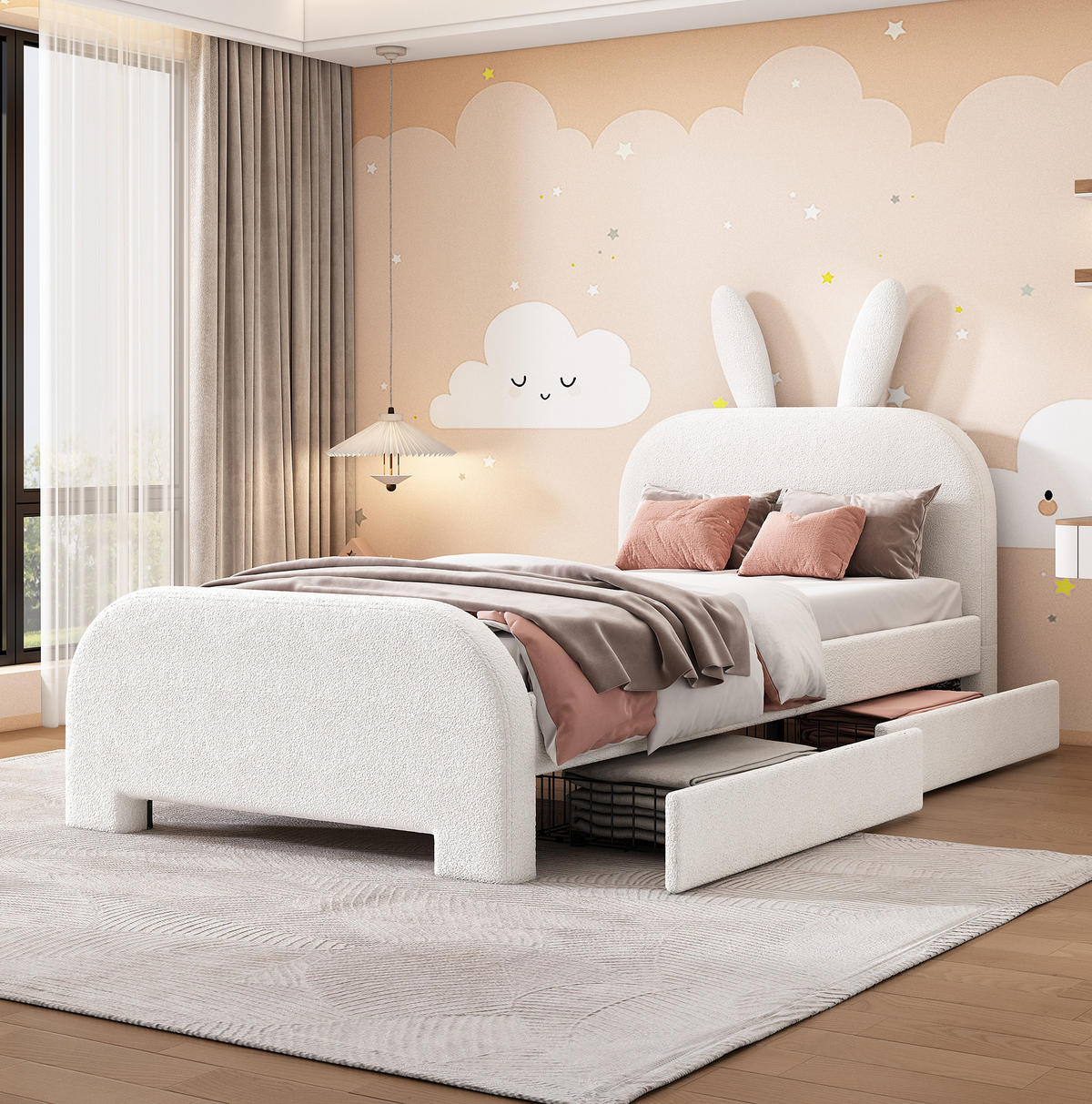 KINDERBETT Kindereinzelbetten 90/200 cm mit 2 Schubladen, gepolstertem Kaninchen-Kopfteil aus Plüsch und MDF, Weiß - Weiß, Textil (90/200cm) - Redom