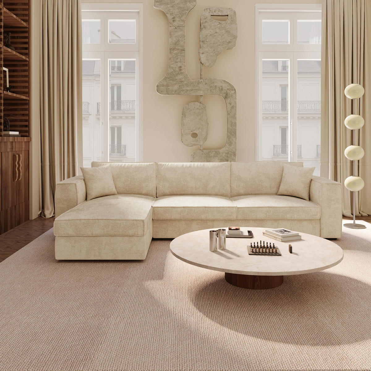 LINKSECK-SCHLAFSOFA MIKA Kettgewebe mit weichem Griff Beige 292cm - Beige, Textil (292/100cm) - Premium Interiors
