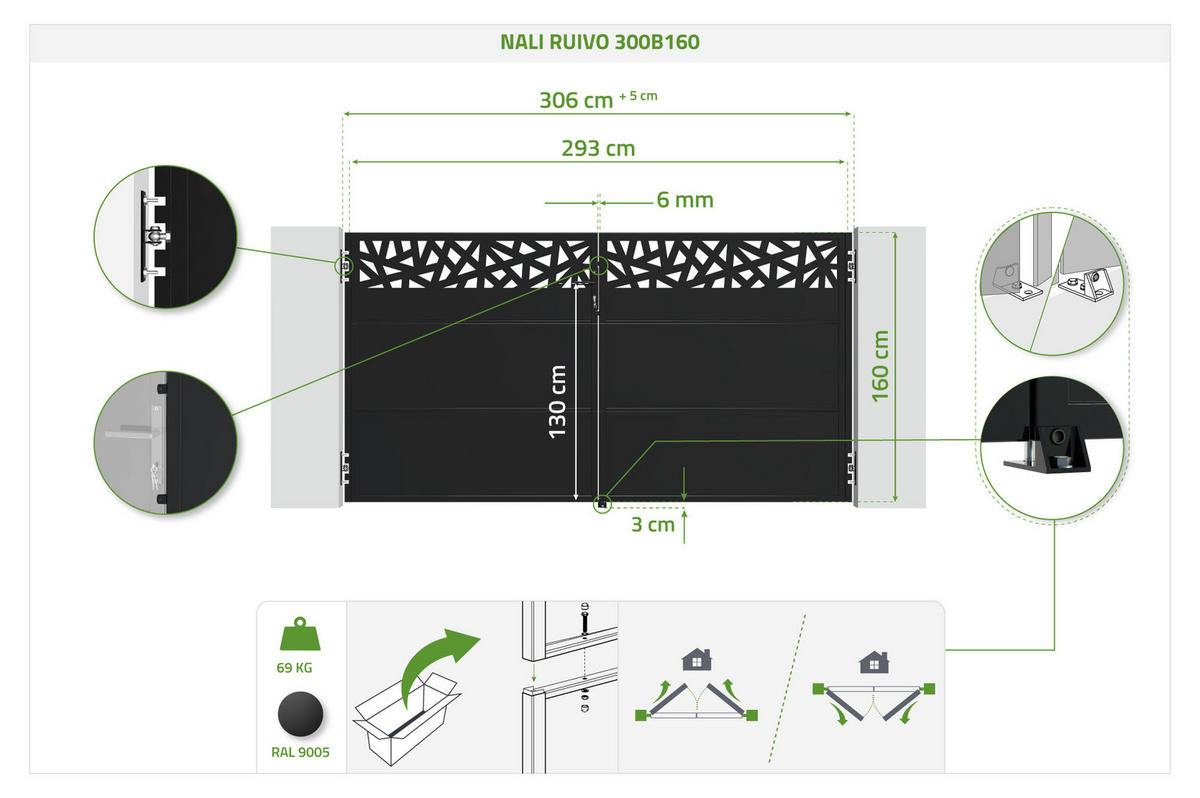 DREHTORPAKET Nali Ruivo Mattschwarz 3m H.160cm + TOR 1m H.160cm - Schwarz, Metall (293/160cm) - Casanoov